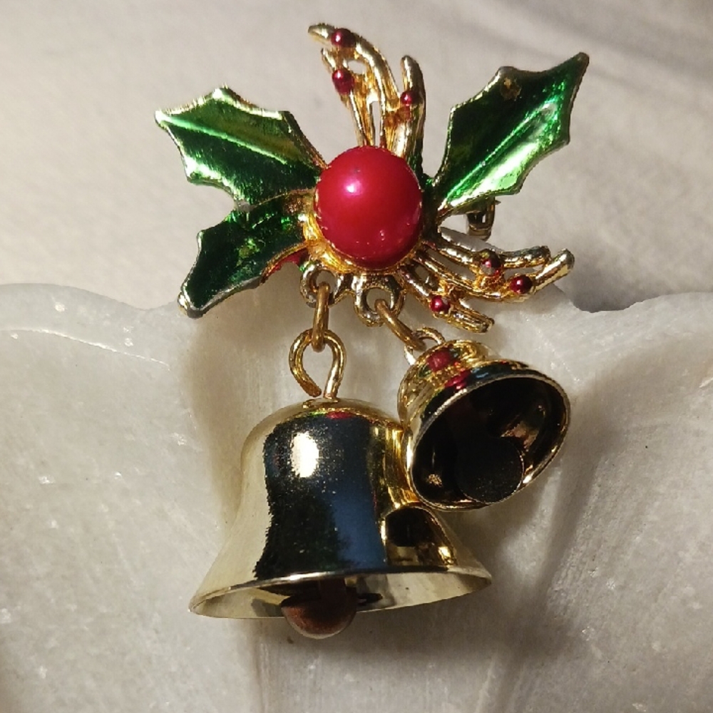 Vintage Holiday Bells Brooch. Gold-tone with green & red.